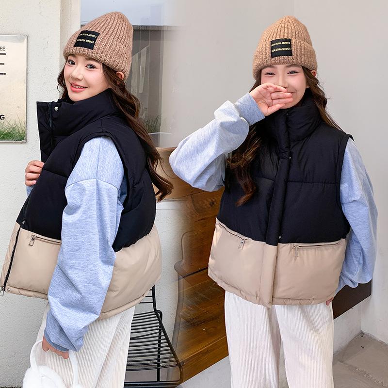 Splicing contrasting color down cotton vest women's new short stand-up collar vest warm versatile jacket