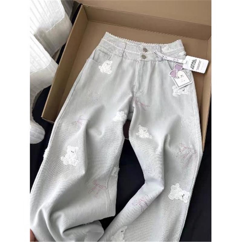 

High-Waisted Embroidered Wide-Leg Jeans with Lace Trim for Women - Autumn Floor-Length Fit L Recommend 109-118 lbs