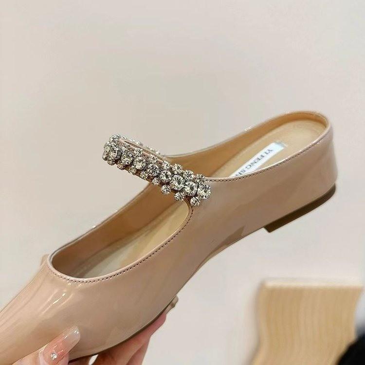 5CM inner height increase flat-bottomed rhinestone bag head half slippers female summer wear pointed toe nude fairy wind sandals muller shoes