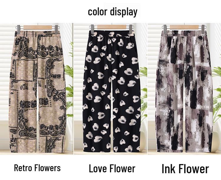 Mom's Summer Floral High-Waist Nine-Point Pants for Middle-Aged and Elderly Women - Elastic, Loose, and Casual Fit.
