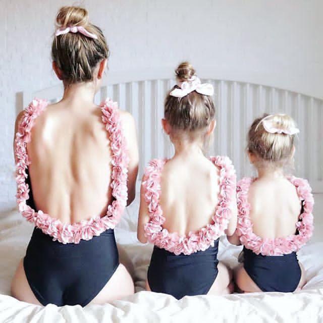 Luxury 3D Floral Backless Girls' One-Piece Swimsuit for Parent-Child Hot Springs