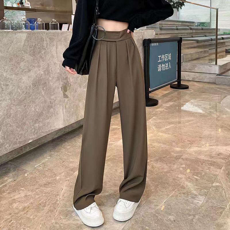 2025 Damen High-Waist Klettverschluss Weitbein-Hose: Frühlings-/Herbst-Casual-Drapierung Bodenlange Hose