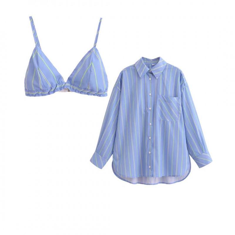 

Striped Poplin Casual Shirt with Bra for Women - New Summer Fashion Large