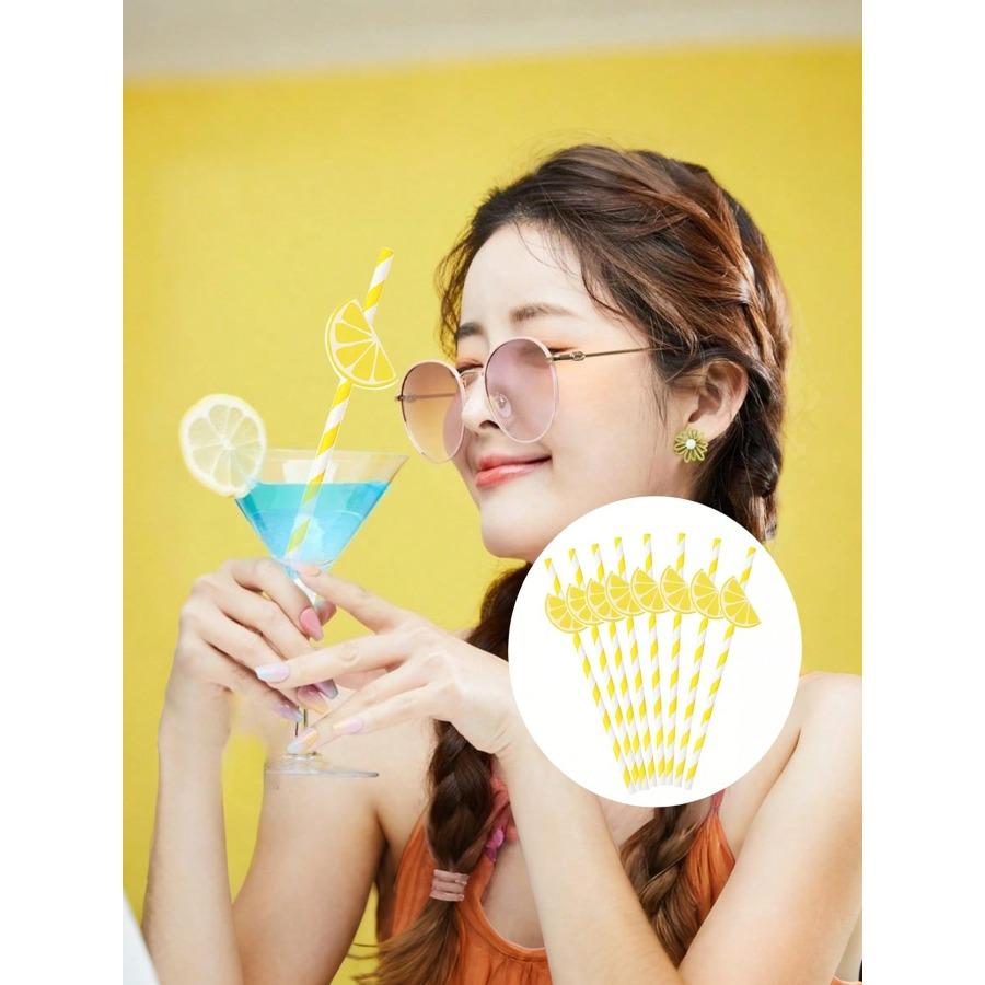Lemon Paper Straws Disposable Cocktail Straws for Drinks Striped Straws, Individually Wrapped Plastic Straw with Lemon Shape