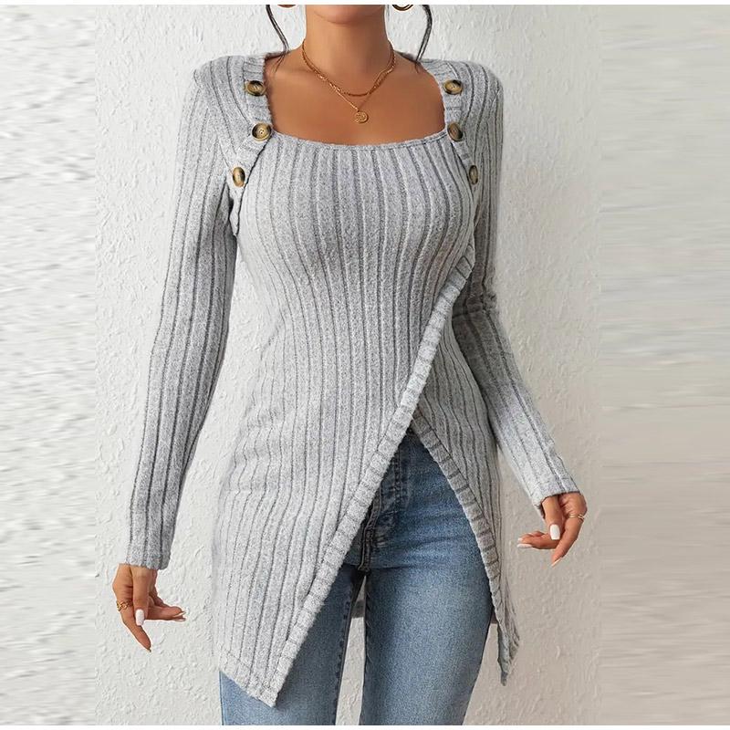 

Элегантный женский свитер с длинным рукавом, модный вязаный квадратный воротник с открытыми плечами, повседневный дорожный пуловер на осень-зиму L серый