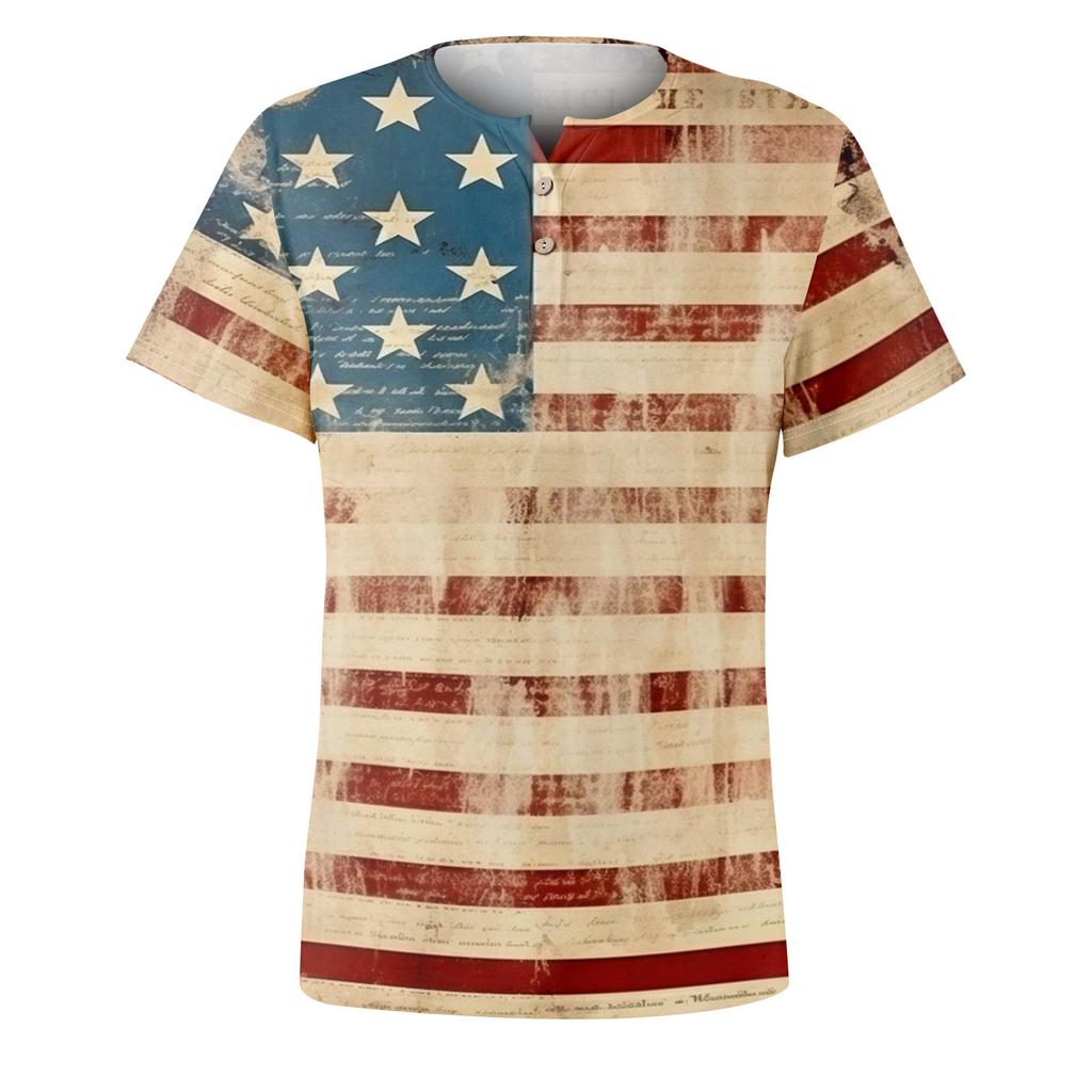 Men's Casual Summer V-neck Short Sleeved Top With Buttons, Independent Day Print Short Sleeved Top