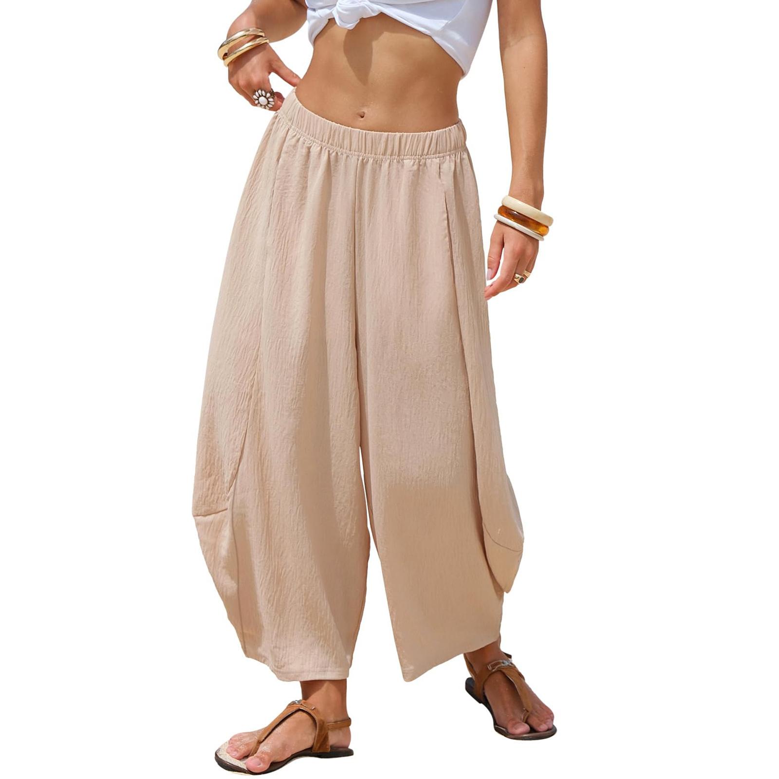 

Women Elastic High Waist Pant Casual Fit Wide Leg Long Pants Trousers With Pockets XL білий