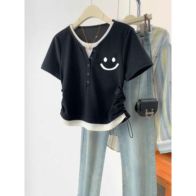 Women's Summer Design Niche Fake Two Slim Drawstring Short Sleeved Tops