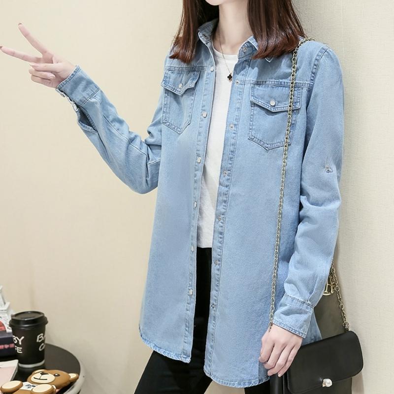 Loose Women'S Denim Shirt Long Sleeve Mid-Length Spring Autumn Fashion Thin Outerwear Versatile Top Button-Up Casual Shirt