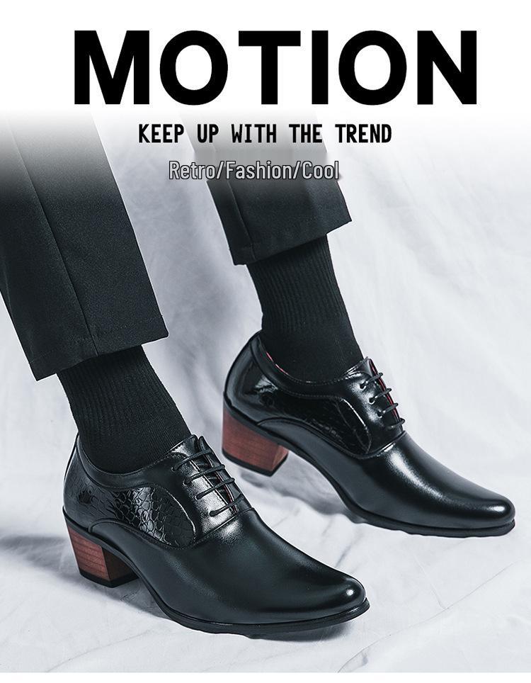 Scarpe da Uomo con Tacco Alto a Punta in Pelle - Stile Business Casual Britannico, Rialzanti per Matrimonio, Lucide, Tendenza Coreana per Parrucchiere.