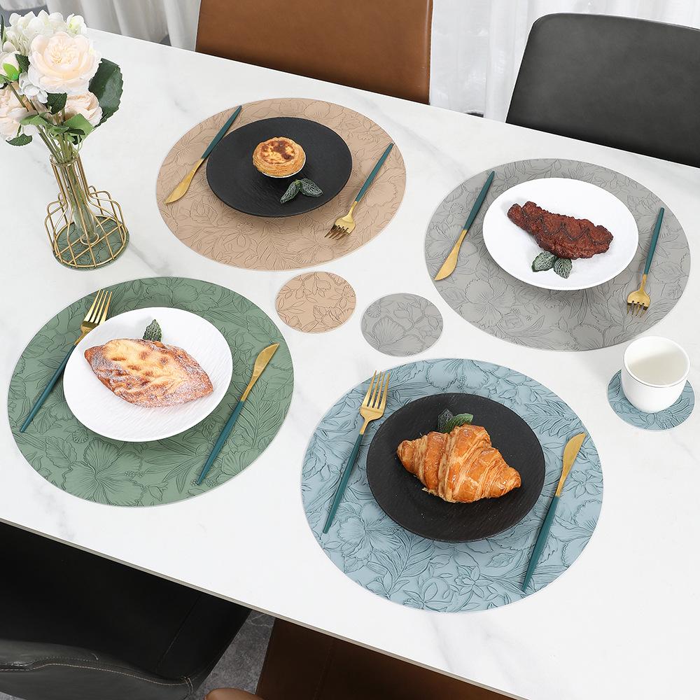 Wind-carved round leather placemat, anti-scalding and heat-insulating mat, waterproof and oil-proof plate mat, tableware mat, coaster