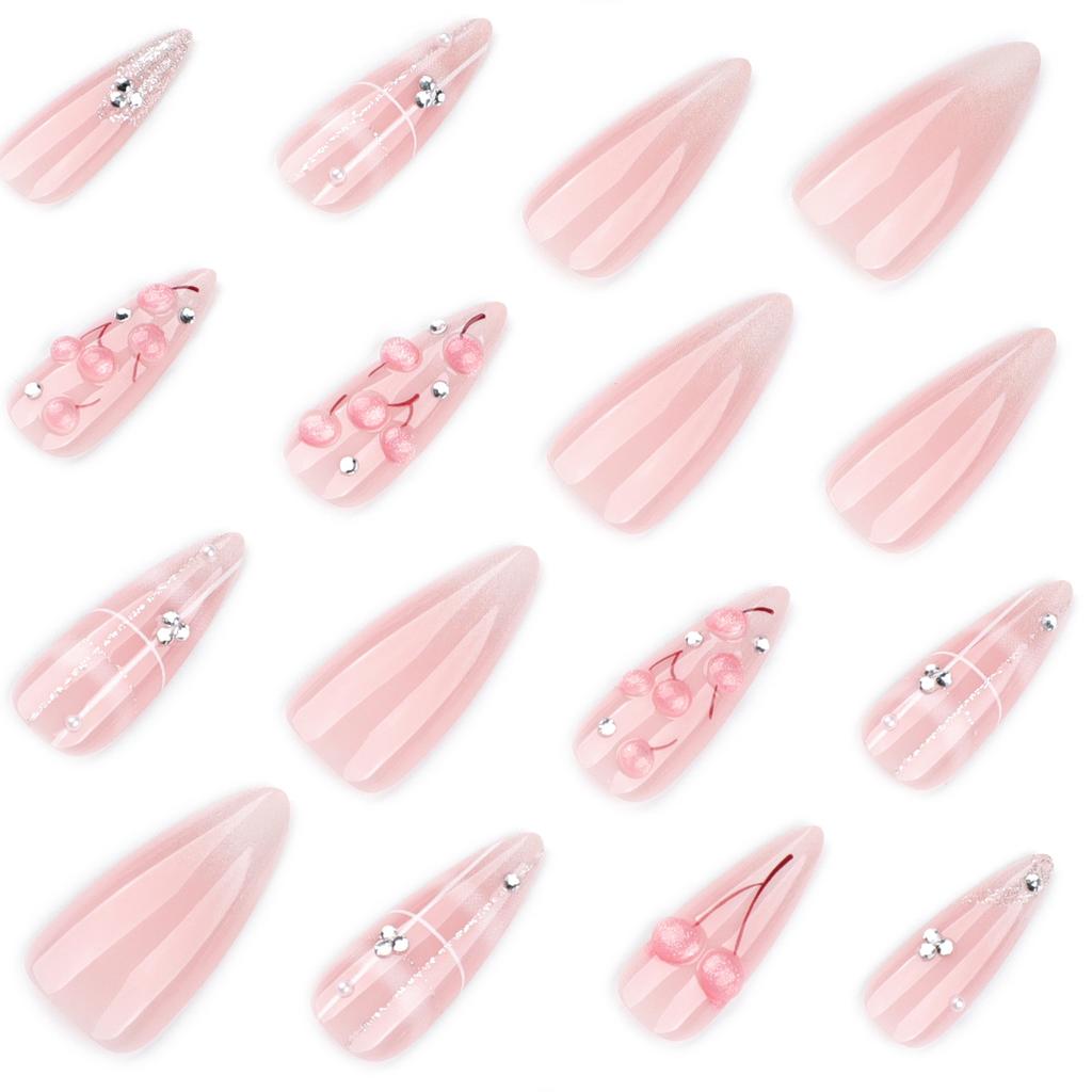 24 Pieces 3D three-dimensional cat's eye cherry manicure ins wind hot pin wearing nail fresh wearing nail fake nail piece