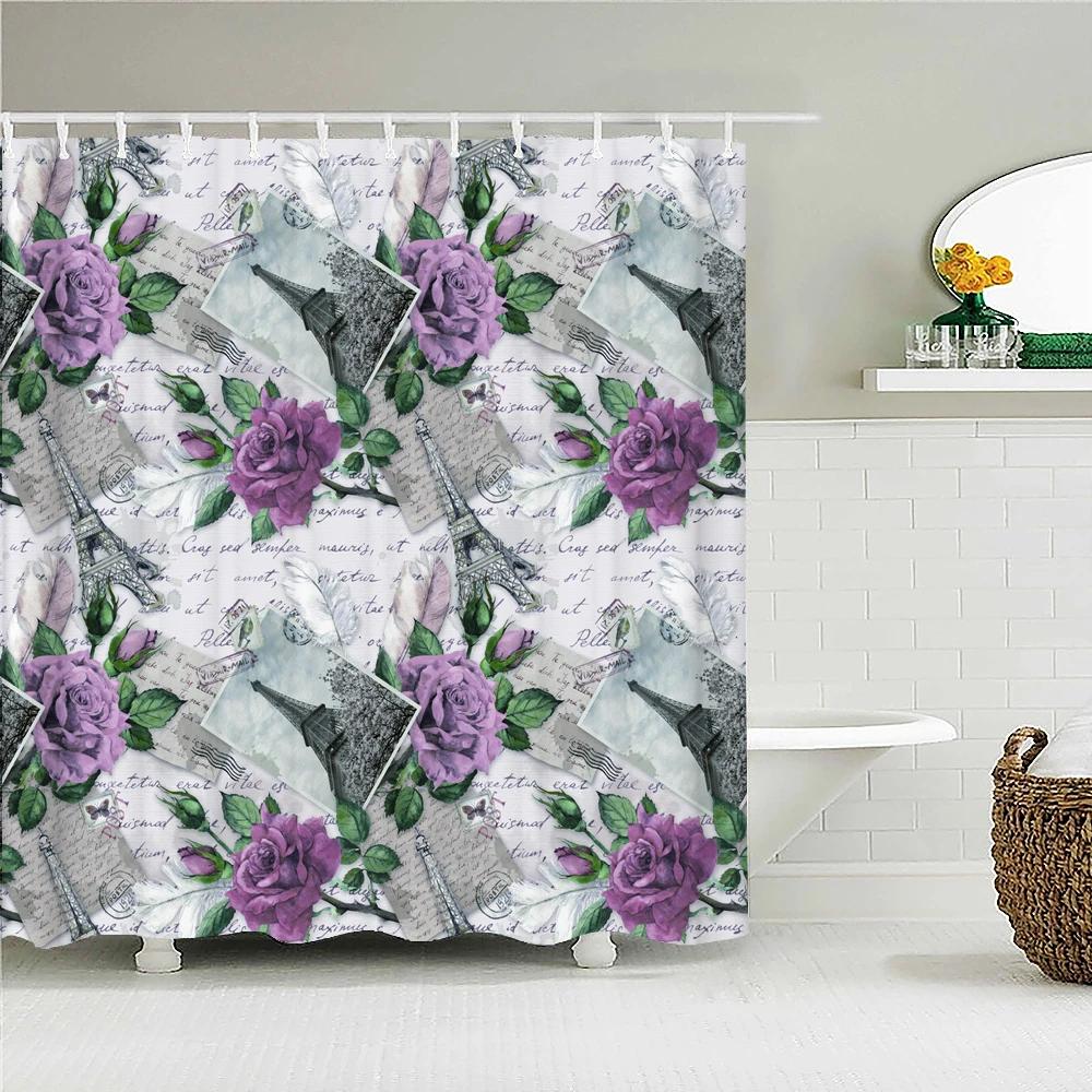 Waterproof Fabric Shower Curtain Colorful Flowers Pattern Printed Shower Curtains With 12 Hooks Multi-size Bath Screen