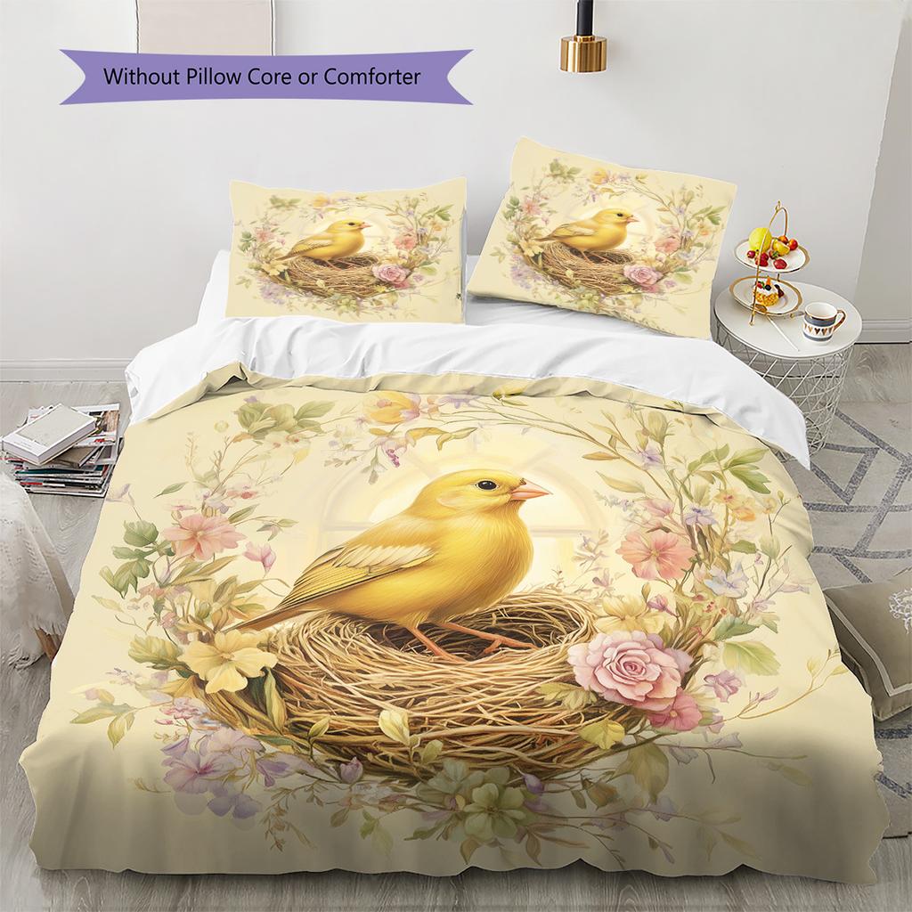 Bird's Nest with Flower Wreath  Pattern Bedding Quilt Set  Home Decoration  Gift (1 * duvet cover + 2 * pillowcase, without core)