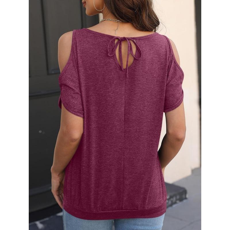 Fashion Off Shoulder Women T-shirt Loose Bat Short Sleeved Casual Top Casual Solid Color Shirts Ladies Lace-up Sweet Basic Tees O Neck Clothing
