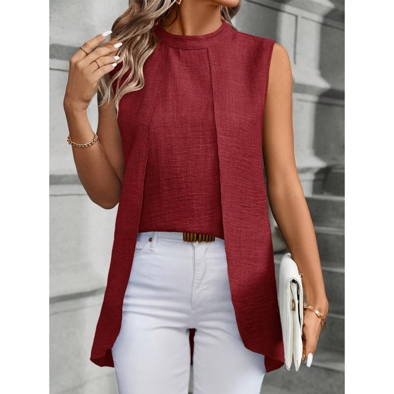 YYFS Damenmode, lässig, Sommer, Frühling, einfarbiger Druck, ärmellos, O-Ausschnitt, Blusen und Hemden