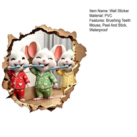 baizihuahu Brushing Teeth Mouse Wall Sticker, 3D Effect Broken Pajama Peel And Stick Cartoon Art Decoration Decal for Home Bathroom