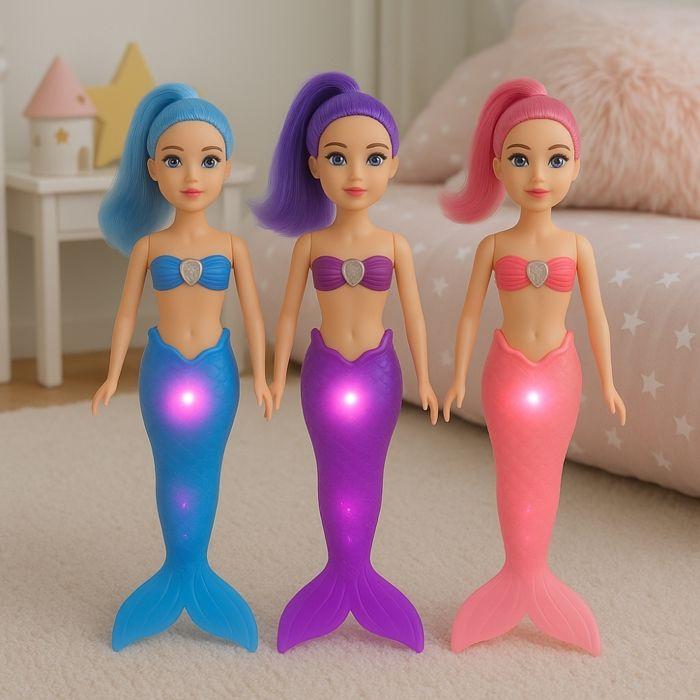 Pack of 3 Luminous Mermaid Dolls - SHOP-STORY - 29 Cm - Multicolor LEDs - Fairy Toy - Mixed