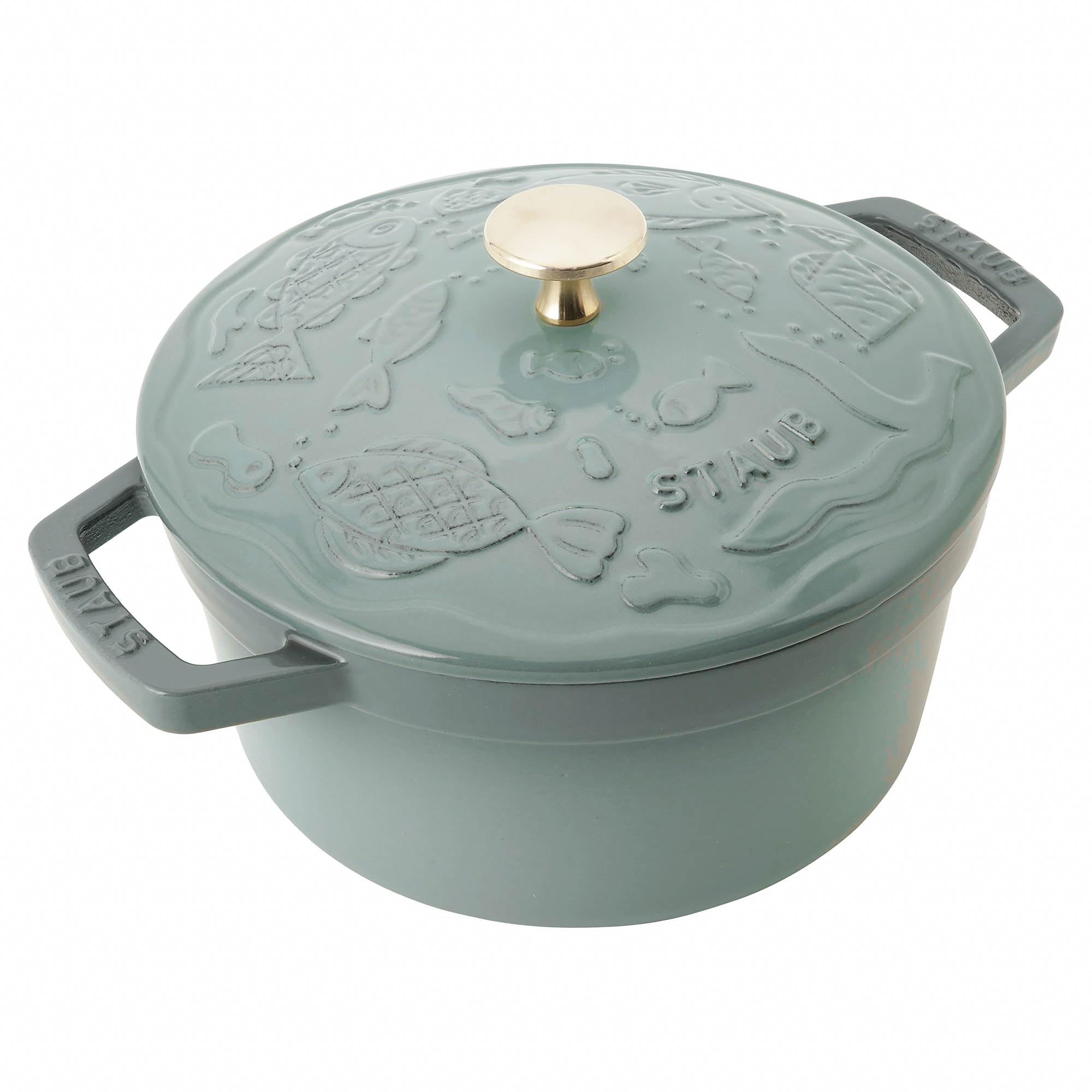 

staub Ocean Round 20cm Eucalyptus with Brass Perhonen Cast Iron Enamel Pot IH Compatible Japanese cocotte ocean [STAUB × minä perhonen] Cocotte Knob евкаліптовий