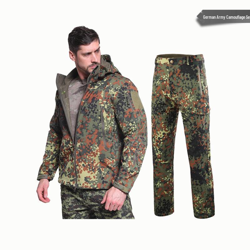 Alpha Green Tactical Sharkskin Waterproof Ski Suit: Camouflage Soft Shell Pants & Warm Fleece Set