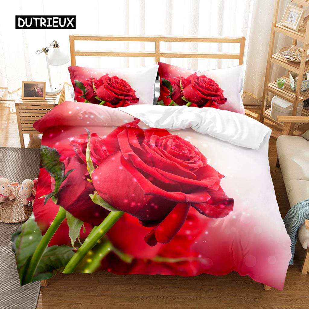 Husă de Plapumă Romantică Rose Twin Queen Set de Lenjerie de Pat Floral Microfibră Flori Înflorite Husă de Plapumă Pentru Ziua Îndrăgostiților Decor Nuntă