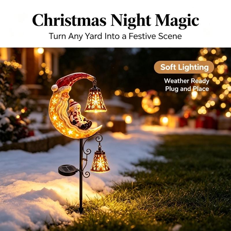Moon Holiday Figure Garden Stake Light for Christmas Yard Styling, Solar Outdoor Accent with Warm Light for Lawn Spots and Entry Views
