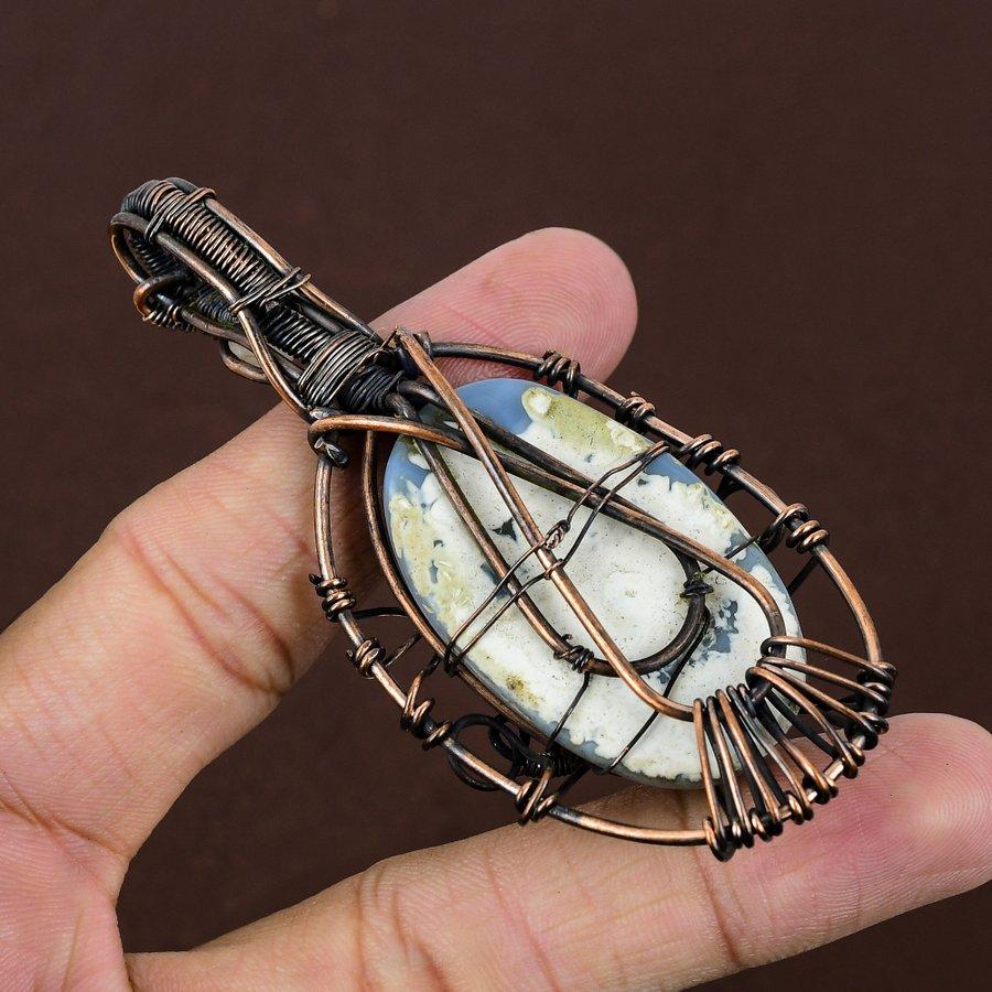 Natural Howlite Jasper Gemstone Handmade Copper Wire Wrap Pendant 3.39" i4l03