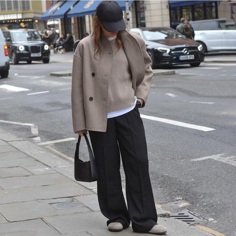Women S Vintage Brown Wool Blend Coat V Neck Commute Warm Outerwear