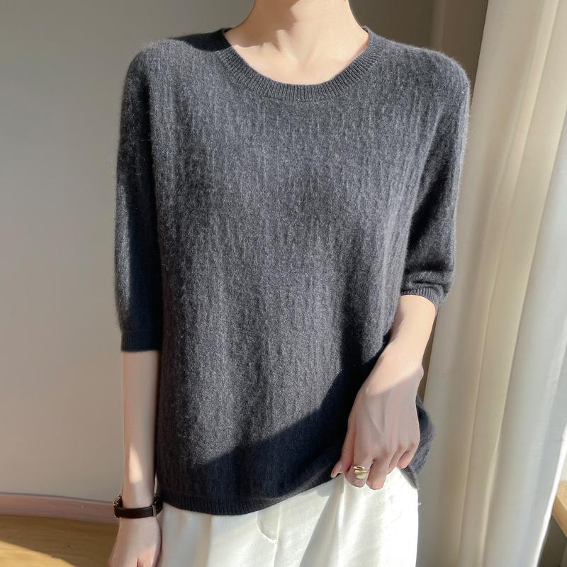 Spring New Knitted Sweater Women's Short-sleeved Crew Neck Pullover Carved Thin Five-quarter-sleeved Top Large-size Bottoming Shirt