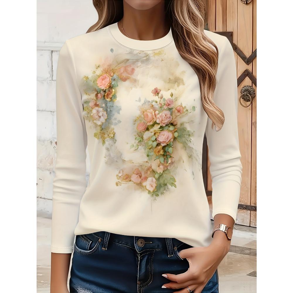 Graphic Print T-shirt, Casual and Fashionable Versatile Long-sleeve Crewneck Casual Top, for Spring and Autumn, Women's Apparel-085 Positioning