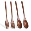4-Piece Cutlery Set, Natural Wood, 22.5cm Long, One-Piece Design, Includes Dessert Spoon and Pasta Fork, Ideal for Camping, Lunchboxes, and C