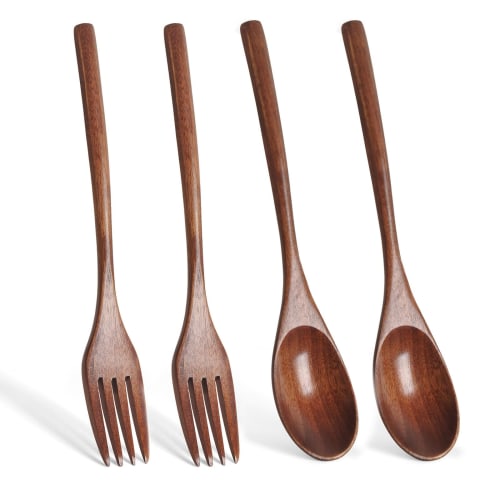 DFsucces 4-Piece Cutlery Set, Natural Wood, 22.5cm Long, One-Piece Design, Includes Dessert Spoon and Pasta Fork, Ideal for Camping, Lunchboxes, and C