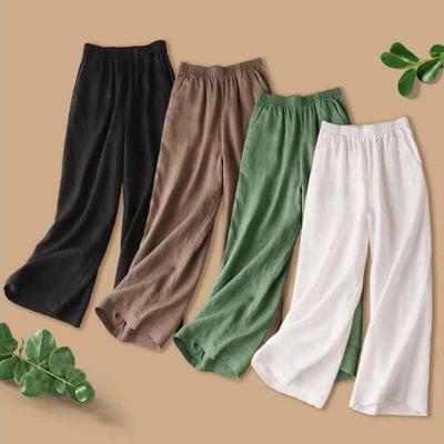 Full Length Casual Pants for Women Cotton Linen Wide Leg Pants Solid Summer Pants Female Loose High Waist Straight Trouser