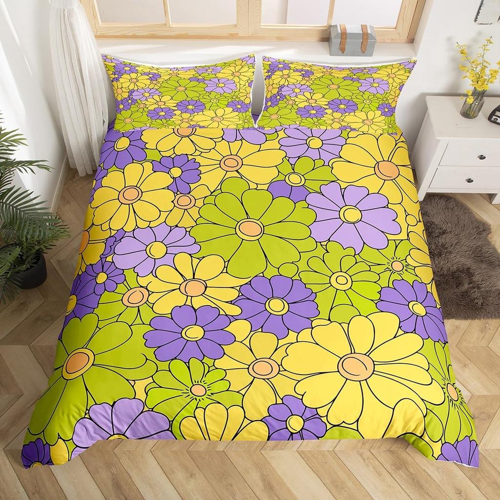 Exotic Floral Duvet Cover Abstract Geometric Bedding Set Microfiber Flowers Leaves Comforter Cover King For Girls Adult Bedroom