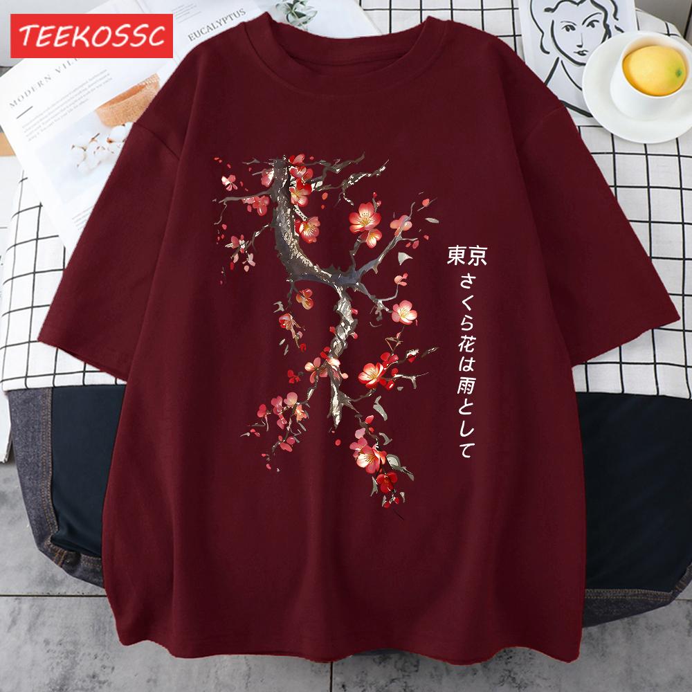 Cherry Blossoms And Rain In Tokyo Men Retro TShirt Casual Cotton Tee Loose Hip Hop Clothes Male ONeck Comfortable Short Sleeve