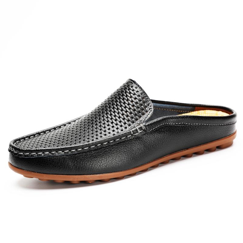 Fashion2024 Fashion Half Drag Loafers Men Casual Leather Driving Shoes Classic Mesh Summer Slippers Breathable Light Leisure Walk Flats