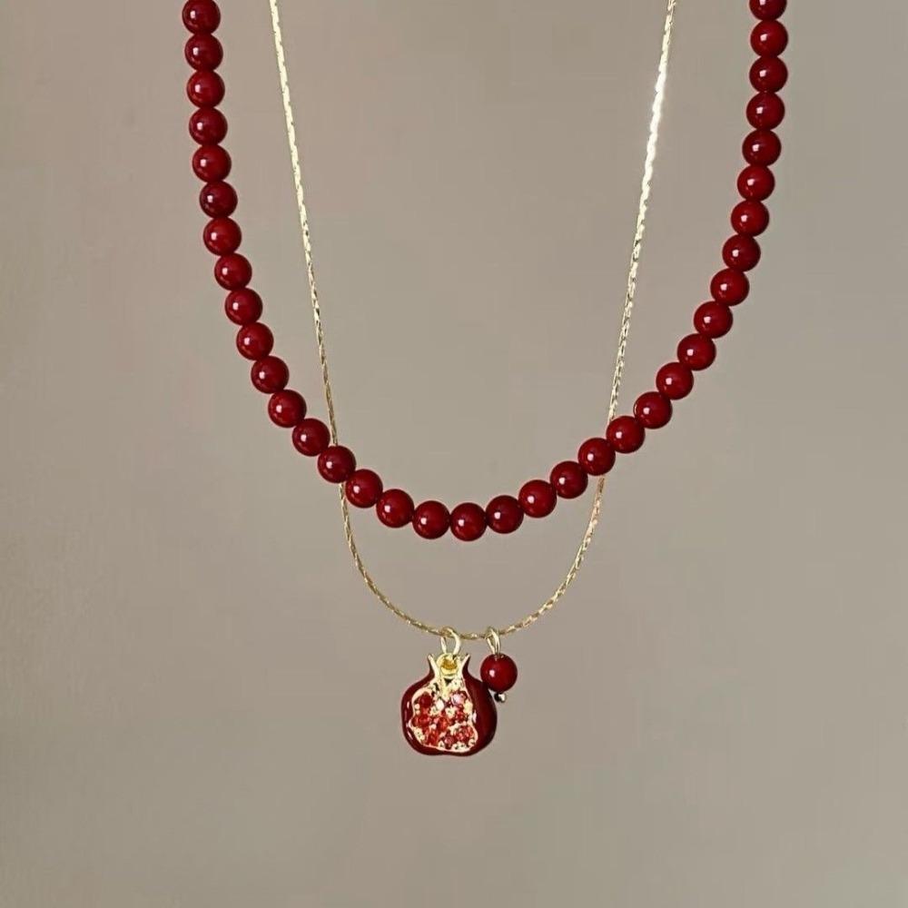 Retro Trendy Red Fruit Pomegranate Pendant Stackable Necklace Earrings Set for Women New Year Lucky Chinese Style Jewelry Sets