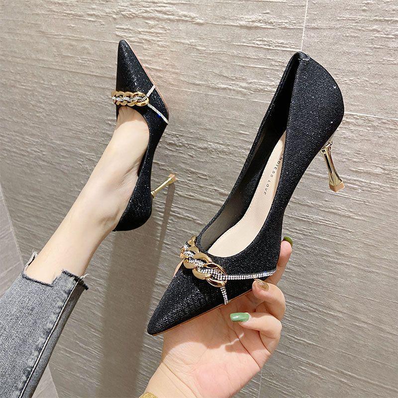 

Зима 2025 Черные французские туфли на высоком каблуке для женщин - Новый нишевый дизайн, стиль с мелким вырезом Black 5cm Standard