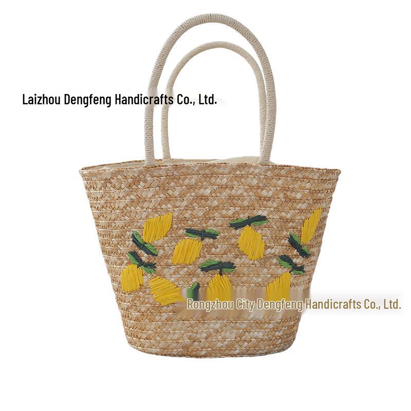 Large Capacity French Seaside Resort Style Lemon Embroidered Straw Beach Shoulder Bag Coconut Tree Straw Bag [Drawstring Inner Bag]