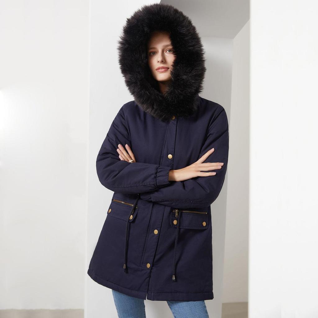 Dámská zimní bunda parka zahuštěný fleece podšitý vycpávka zateplená s kapucí dlouhá vojenská nafouknutá bunda kabát z umělé kožešiny ležérní móda outdoorové svrchní oblečení nové