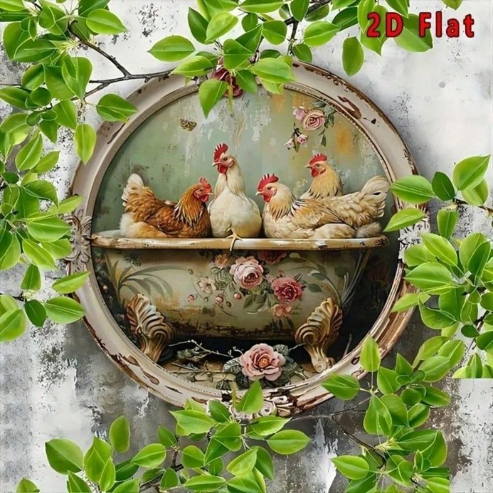 Vintage Rustieke Metalen Kunstprint Kip en Bloemen Wanddecoratie voor Huis Bar Cafe