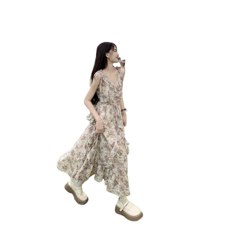 French Floral Ruffled Camisole Dress & Cardigan Set - Women's Slimming Summer Long Dress