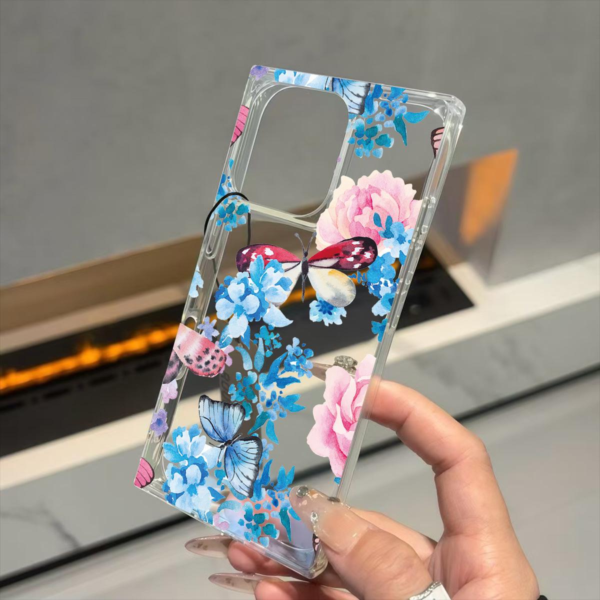 

Clear Square Back Tube Case Protection For iPhone 12 15 Plus 11 16 ProMax 14 Pro Max 13 Anti-Oxygen,Pink Rose Butterfly Pattern Casing iphone 11 ProMax
