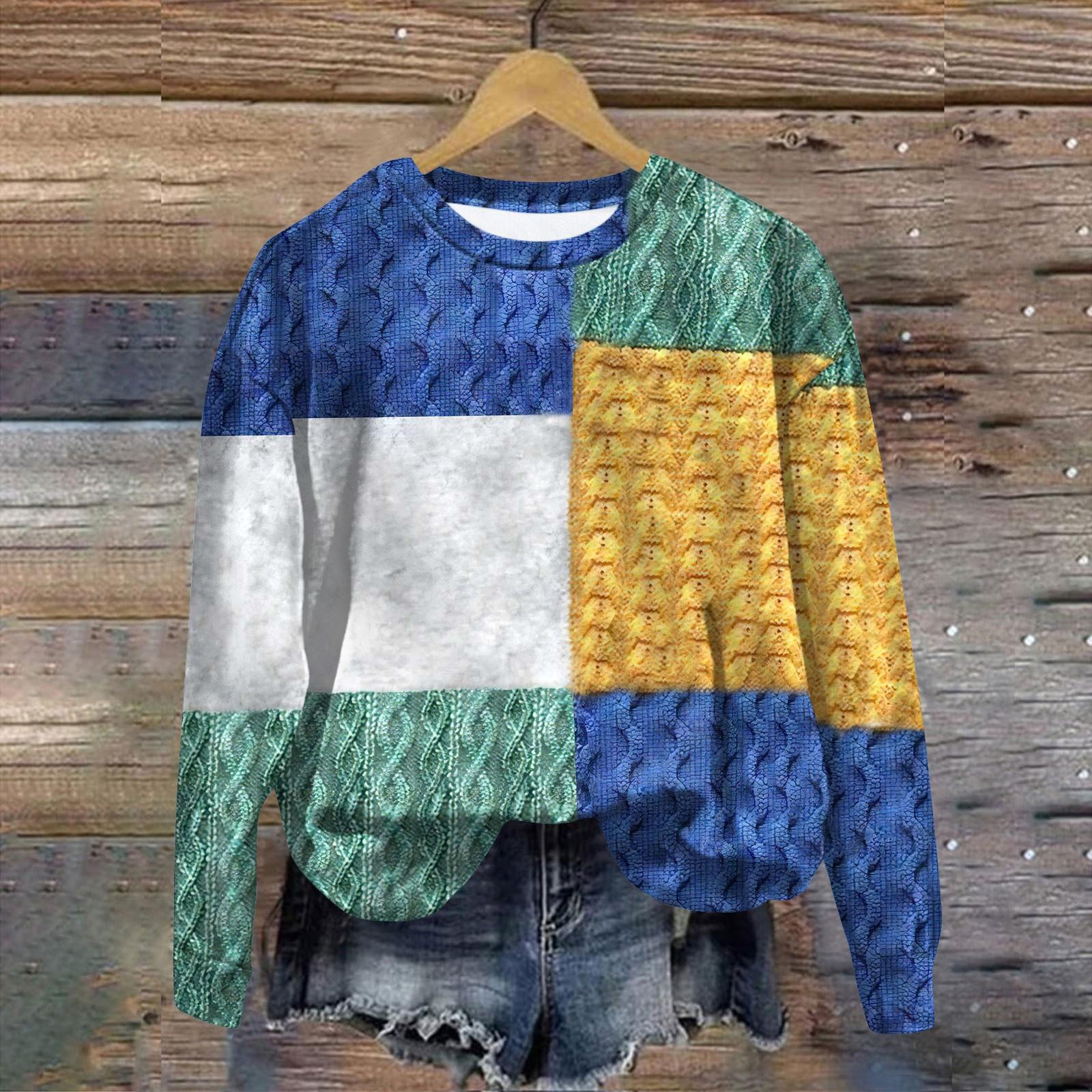 

Женская мода ChristmasPrinted с длинным рукавом свободный круглый вырез толстовка Топ M синий