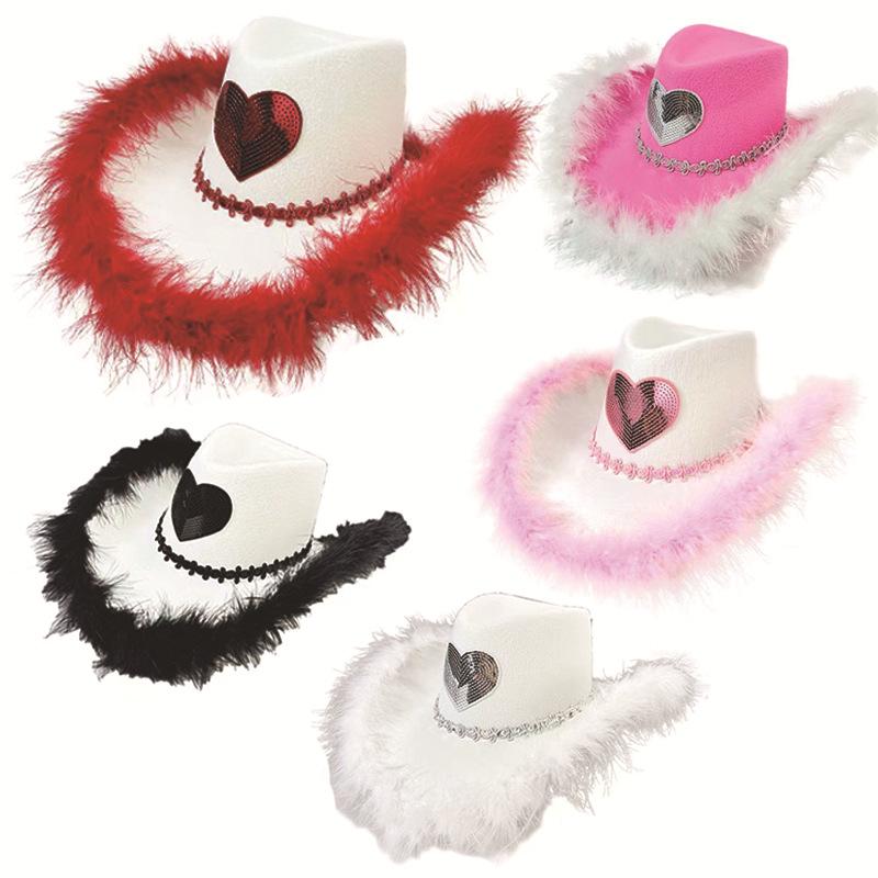 Rhinestone Love Heart Women Glitter Cowboy Hat Fur-edged Cowgirl Hats Women Funny Performance Costume Cosplay Hat for Wedding