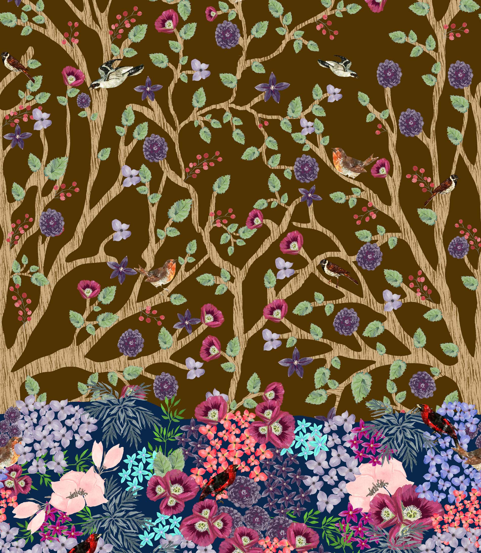 

Soimoi Японська креп-сатин Суха тканина з принтом дерев, листя та квітів на метр 42 дюйма 42 Inch Wide - Poly Crepe коричневий