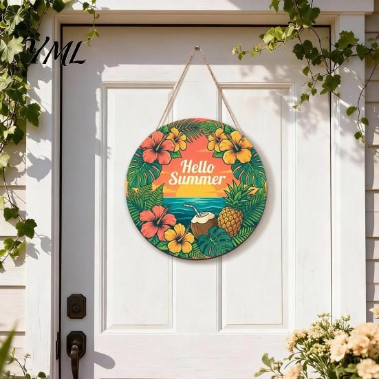 Natural Hemp Rope Wood Plaque Summer Wooden Hanging Sign, Beach Style Wall Decor with Rope, Bright Printed Sign Indoor Outdoor Theme Decoration