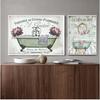 Vintage French Style Shabby Victorian Bathtub Canvas Prints , Watercolor Floral Bathroom Wall Art Painting Pictures Decoration
