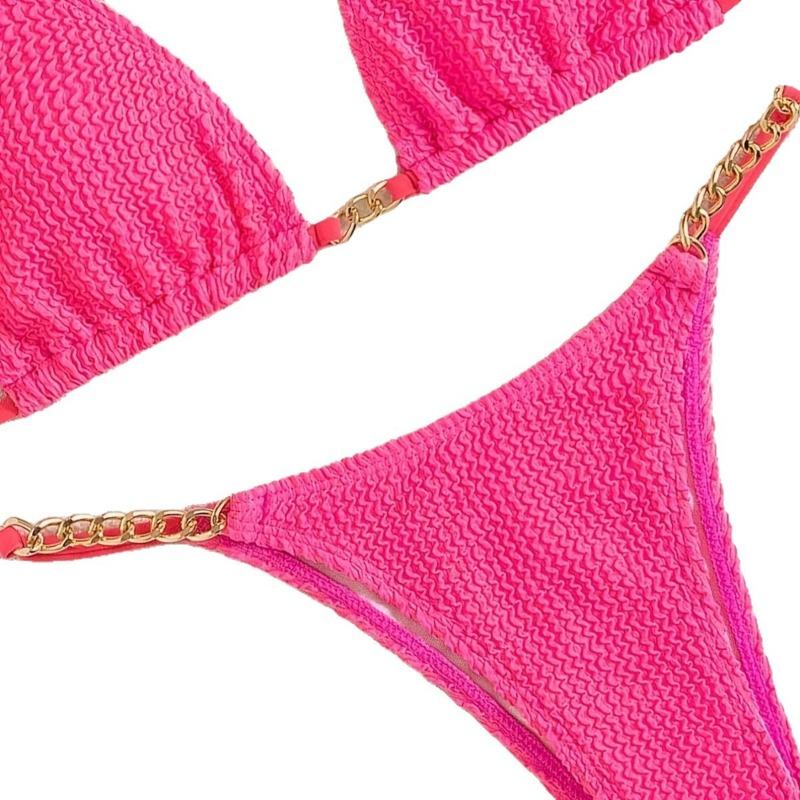 Women Sexy Solid Color Pleated Fabric Backless Two Piece Bikini Swimwear Set