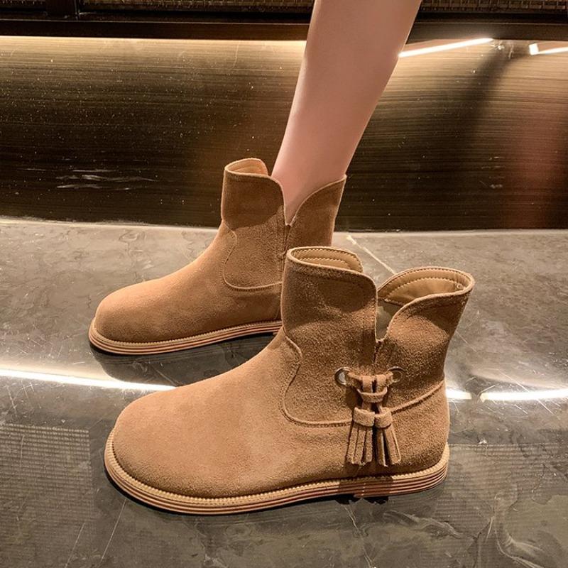 Autumn Winter Short-tube Women Tassel Ankle Boots Outdoor Slip-on Non-slip Casual Boots Women's Shoes Fashion Flat Femmes Boots